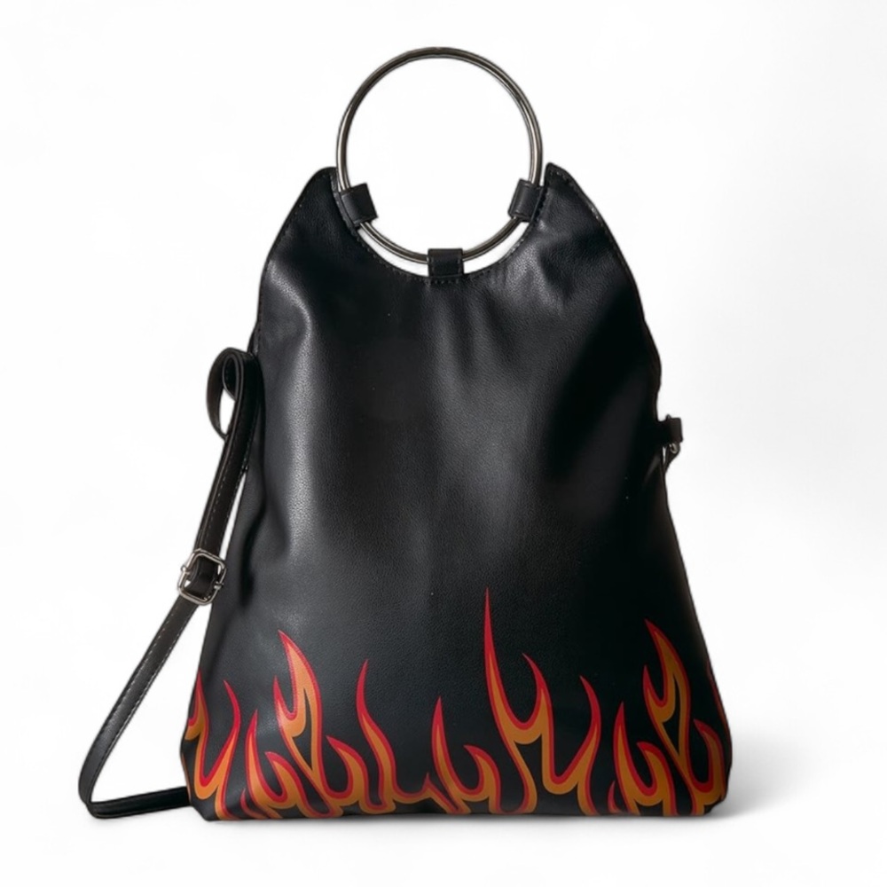 Black and Red Flame Design Bag Silver tone ring handle or crossbody NWT - Picture 3 of 15